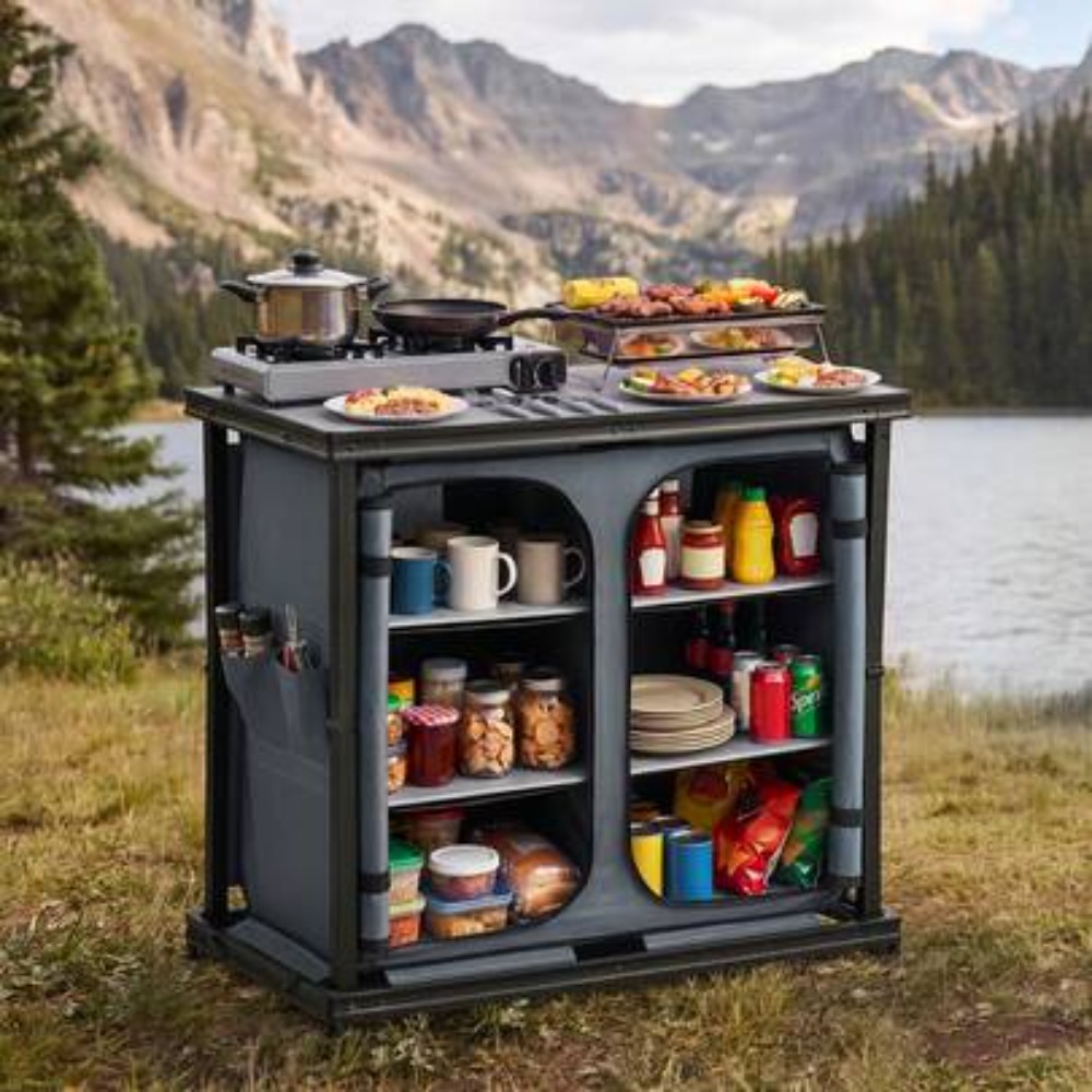 Outdoor Camping Kitchen Setup - Opvouwbare camping-opbergkast, draagbare aluminium lichtgewicht tafel