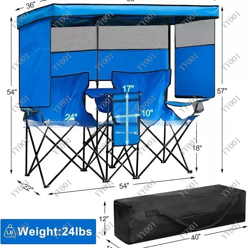 Outdoor Camping Chairs Folding - Draagbare dubbele opvouwbare campingstoel met zonnescherm